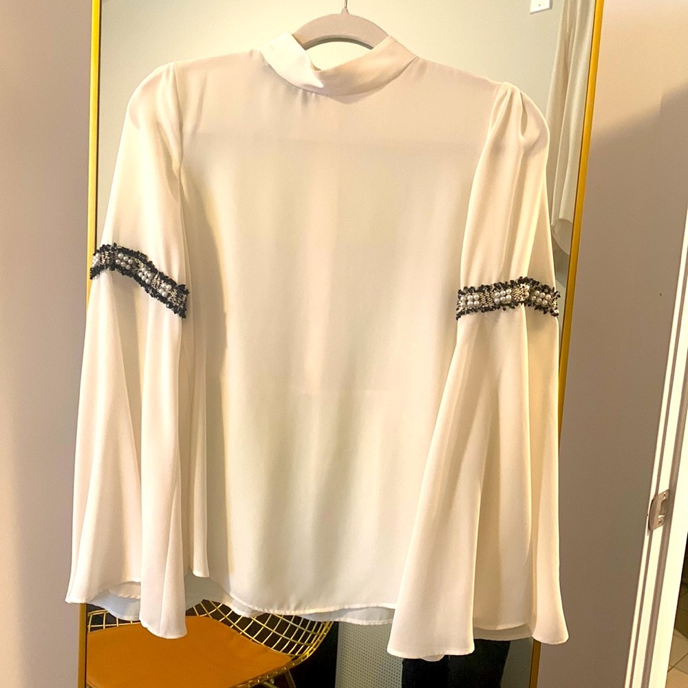 ZARA Tweed & Pearl Detail Bell Sleeve Mock Neck Top